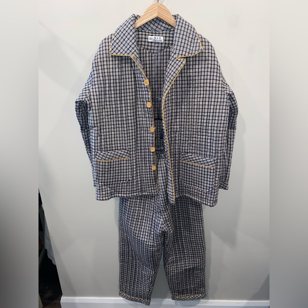 Handmade Plaid Quilted 100% Cotton Pajama Set Navy Beige Button Front